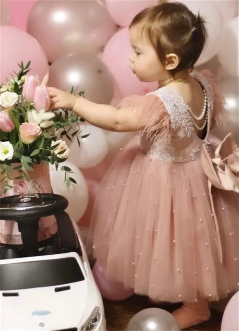 Little Girls Pink Tulle Tiered Gown for Birthday, Wedding, Baptism childrensterritory