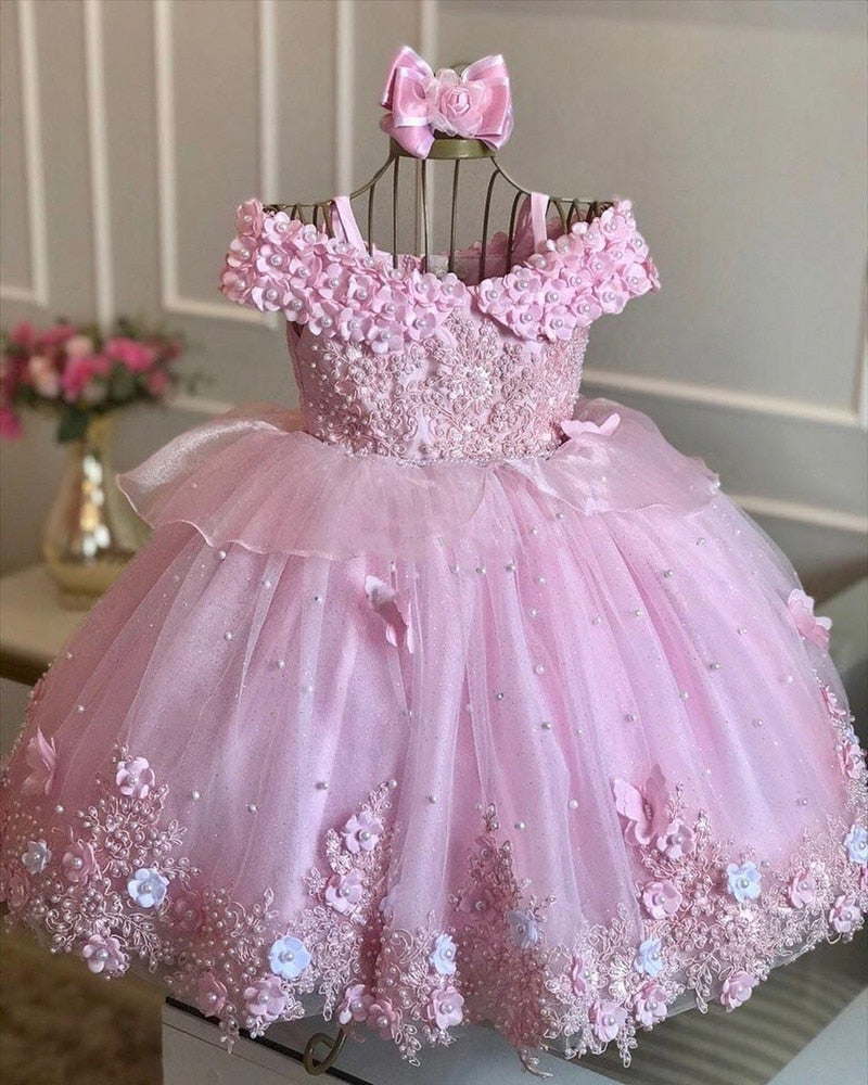 Baby/Kids Girl Lace Pearls 3D Butterflies Pageant Gown childrensterritory