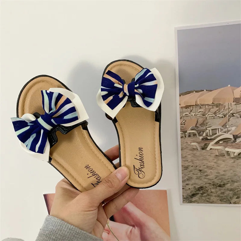 Open-toe Bow Decor Casual Kids Girls Slippers for Indoor/Outdoor