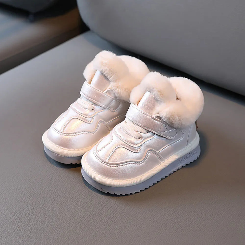 Kids Girls PU Leather Plush Warm Soft-soled Winter Shoes childrensterritory