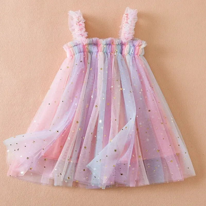 Baby Girls Sleeveless Rainbow Color Tulle Birthday Party Dresses childrensterritory