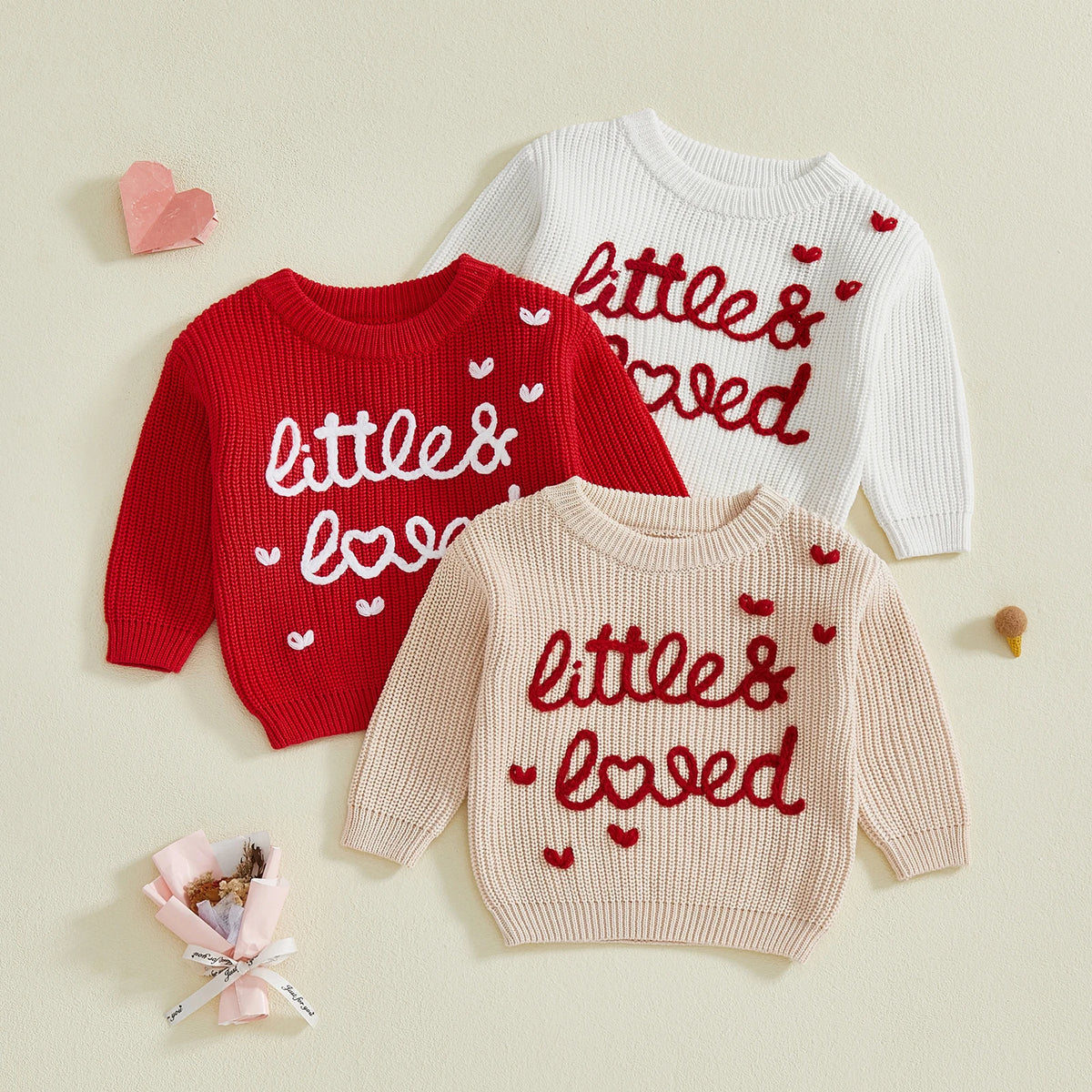 Baby Girl Heart Print Crew Neck Knitted Sweaters