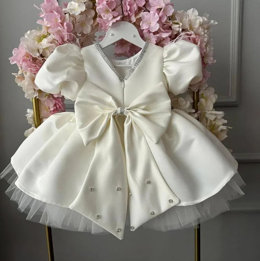 Baby/Kids Girls White Satin Party Dress with Big Bow Design childrensterritory