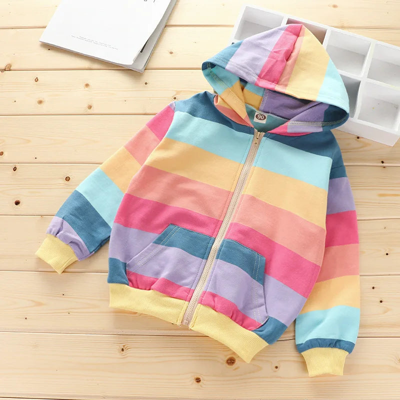 Kids Girls Rainbow Stripe Print Hooded Winter Jacket