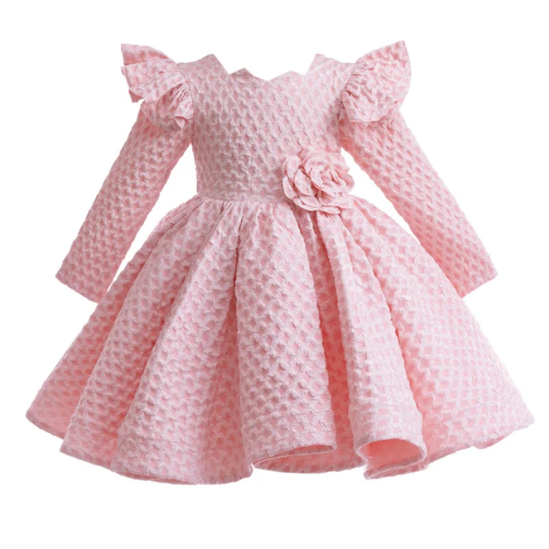 Long-Sleeved Flower Lace Design Princess Dresses For Girls childrensterritory