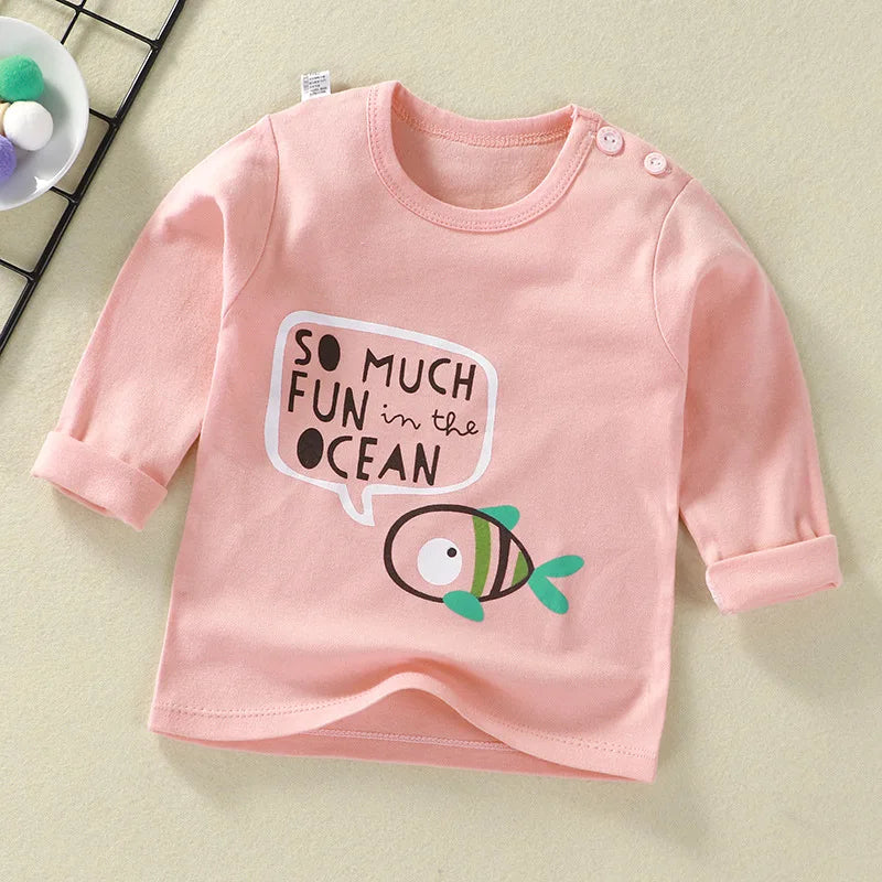 Cute Cartoon and Letter Print Kids Long Sleeve T-shirts childrensterritory