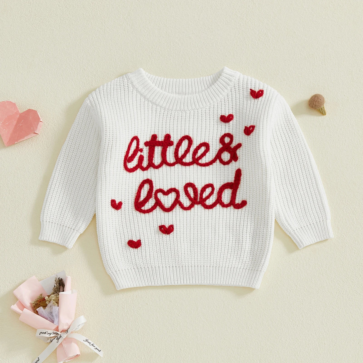 Baby Girl Heart Print Crew Neck Knitted Sweaters