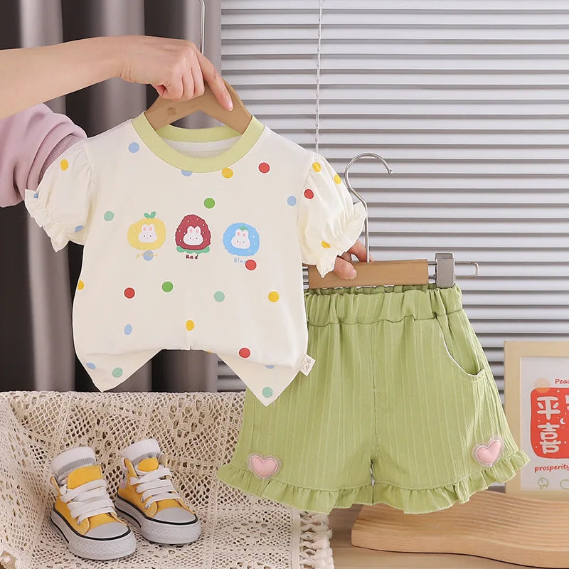 Kids Girls Cartoon Animals Design Cotton Tops + Pants Clothes Set