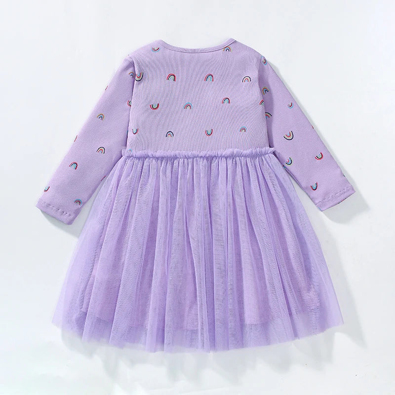 Little Girls Long Sleeves Floral and Rainbow Design Fall Dresses childrensterritory