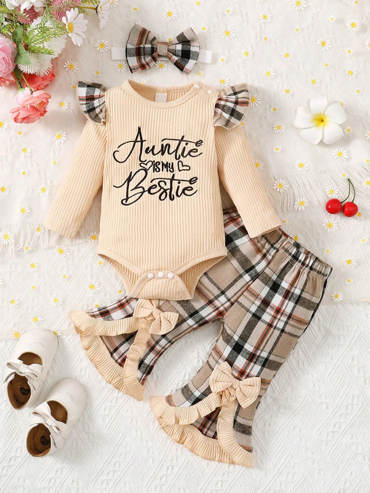 Baby Girl Ruffle Trim Bodysuit & Plaid Pants & Headband Set
