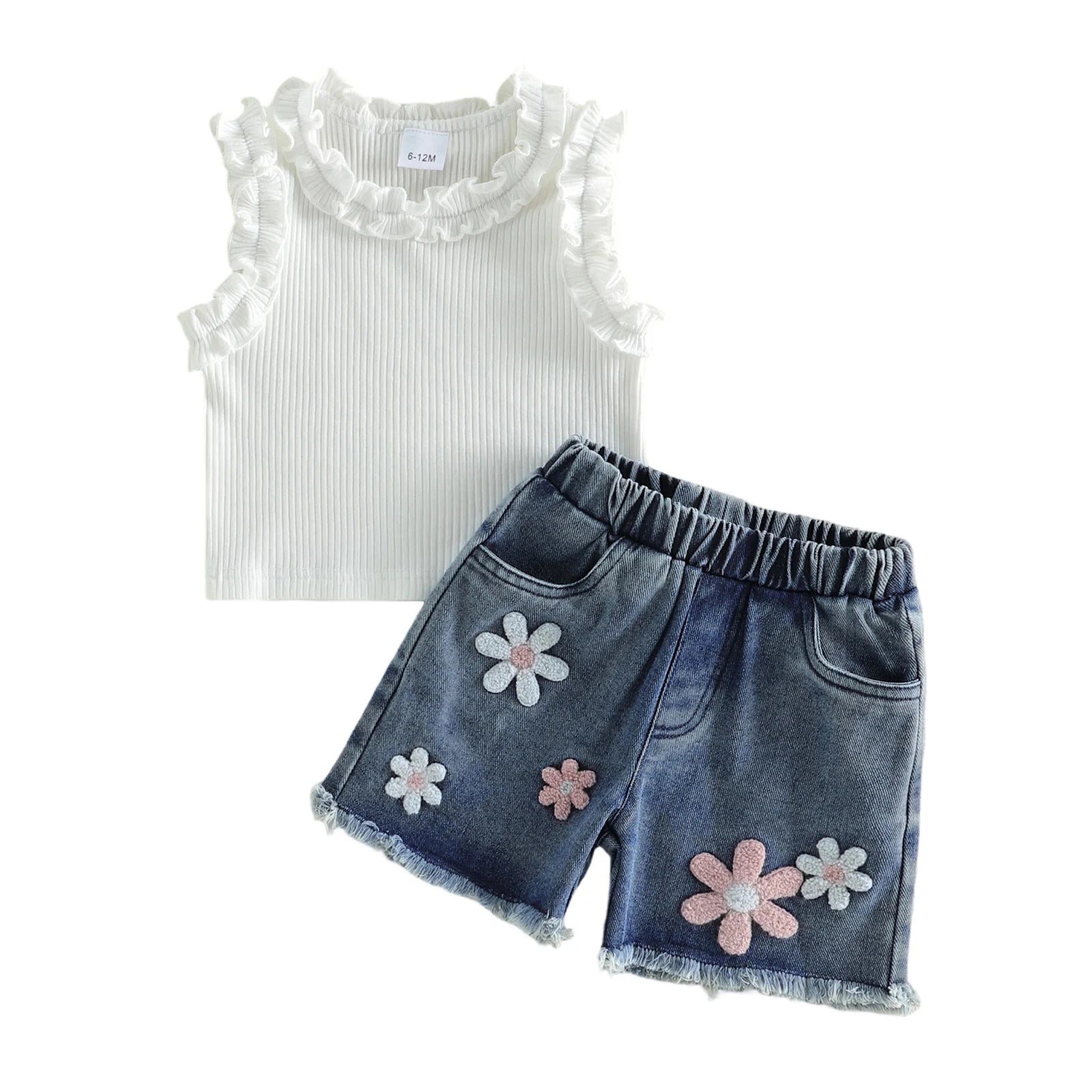 Baby Girl 2 Pcs Ruffled Sleeveless Tops with Denim Shorts Set
