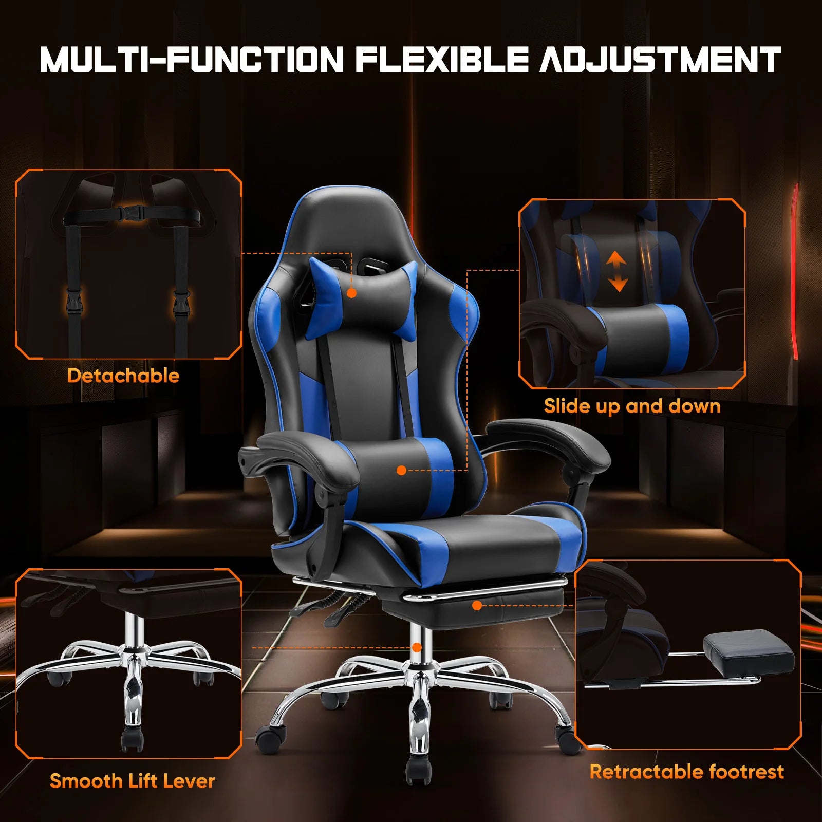 Adjustable Swivel Gaming Chair with Headrest and Spine Support childrensterritory