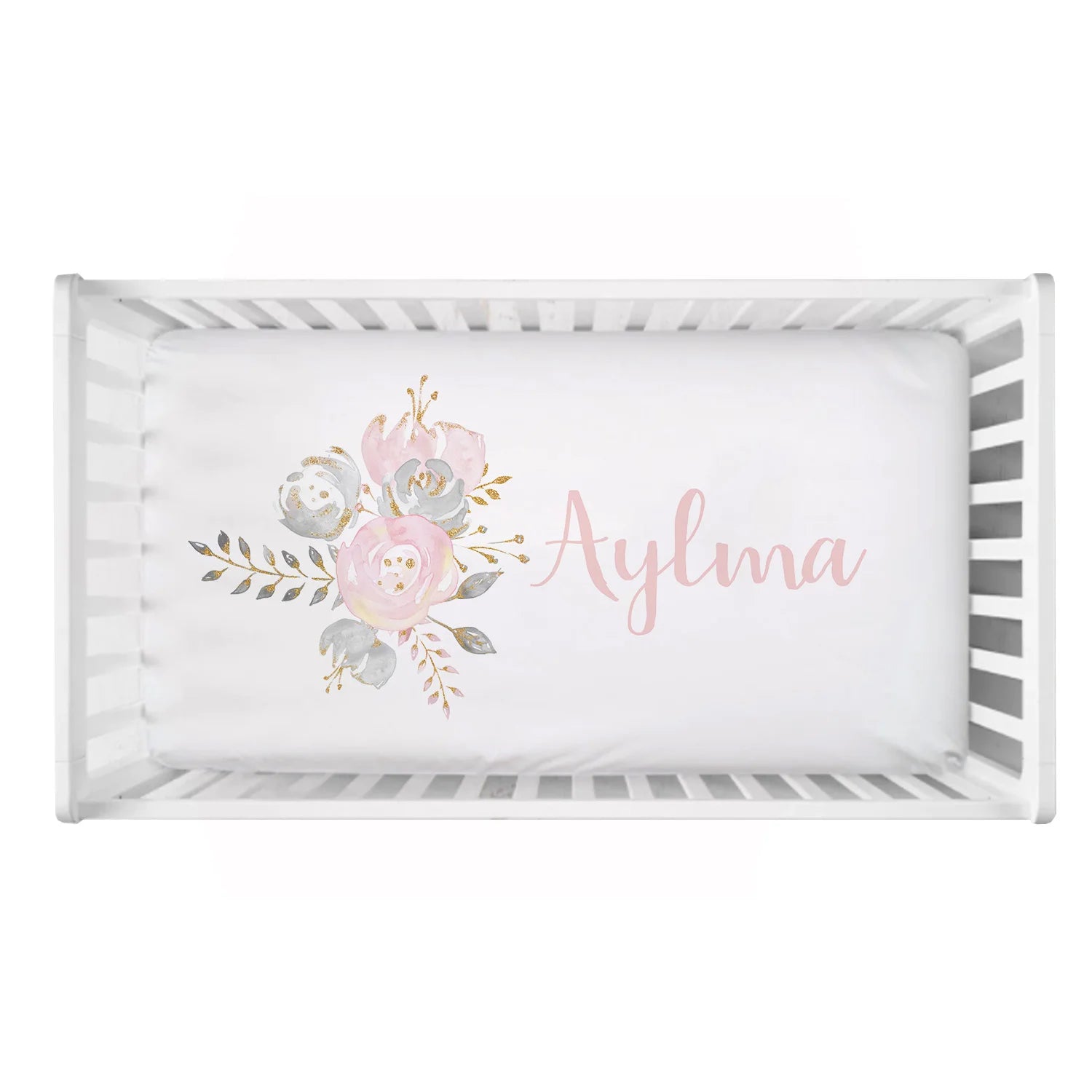 Baby Shower Gift: Customized Blush Gold Floral Bedding Set