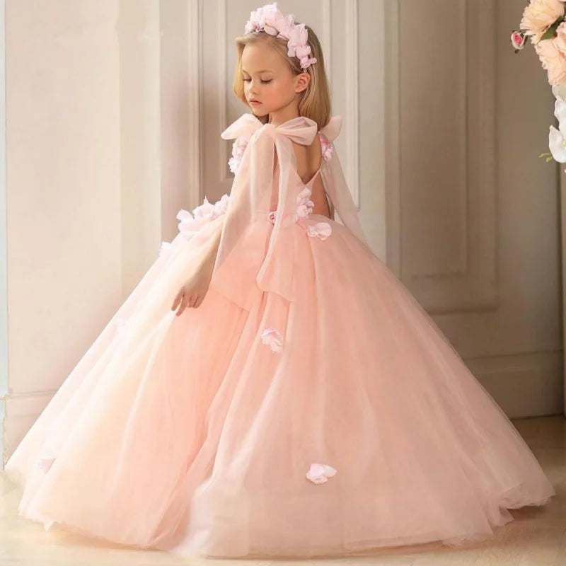 Puffy Sleeveless Pink Flower Girl Dresses for First Communion