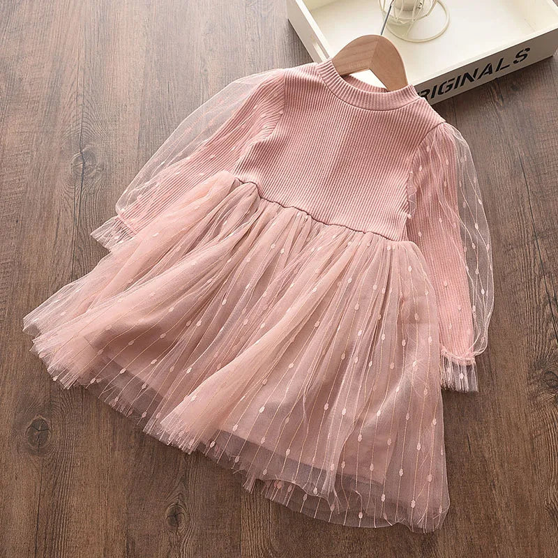 Kids Girls Long Sleeve Mesh Cotton Winter Party Dresses