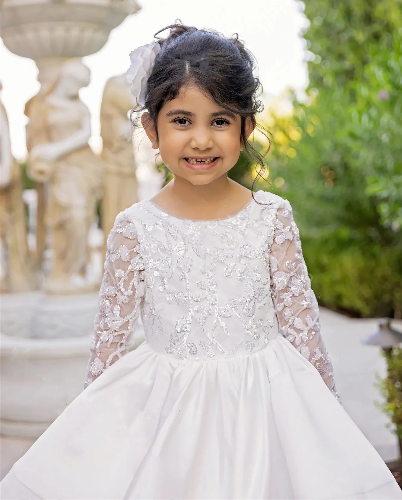 Fluffy Satin Long Sleeves Wedding Dress With Bow for Girls childrensterritory