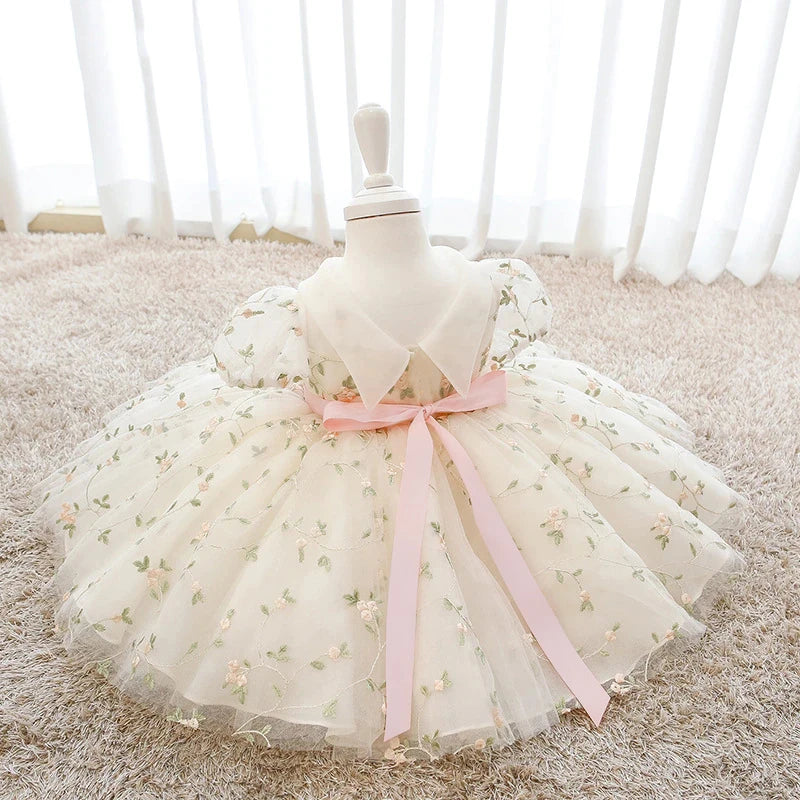 First Communion Dress with Flower Embroidery For Little Girl