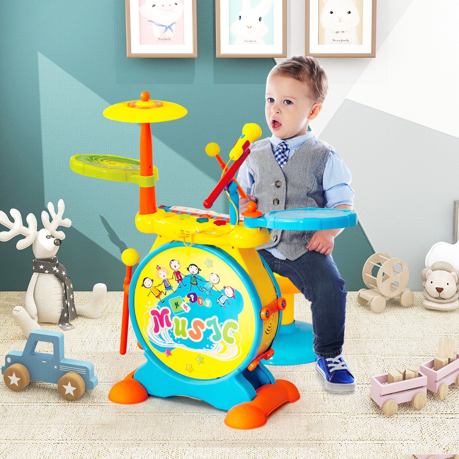 2-in-1 Kids Electronic Drum Kit Toy w/ Keyboard childrensterritory