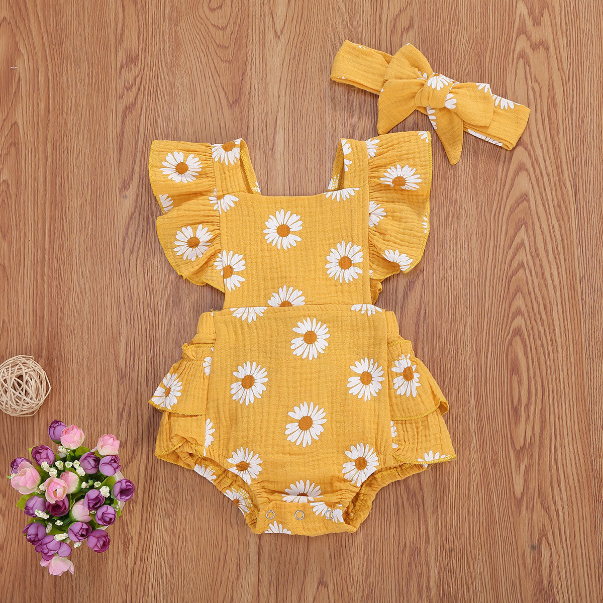 2Pcs Baby Girl Daisy Printed Off Shoulder Romper childrensterritory