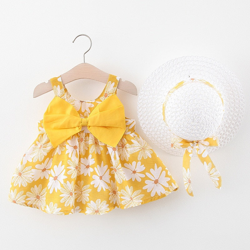 2Pcs Baby Girls Casual Floral Summer Dress+Hat childrensterritory