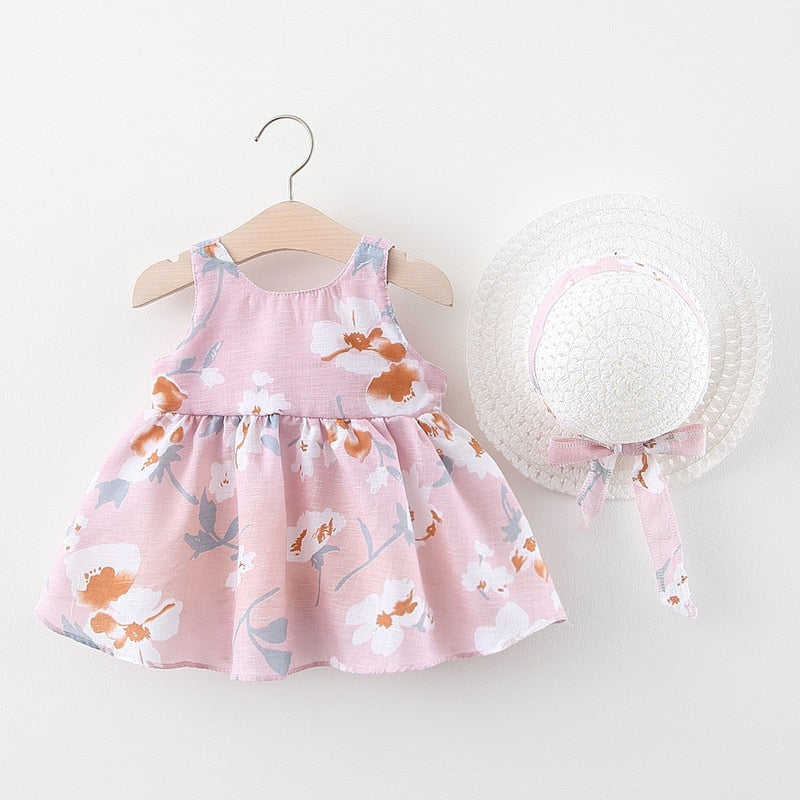 2Pcs Baby Girls Casual Floral Summer Dress+Hat childrensterritory
