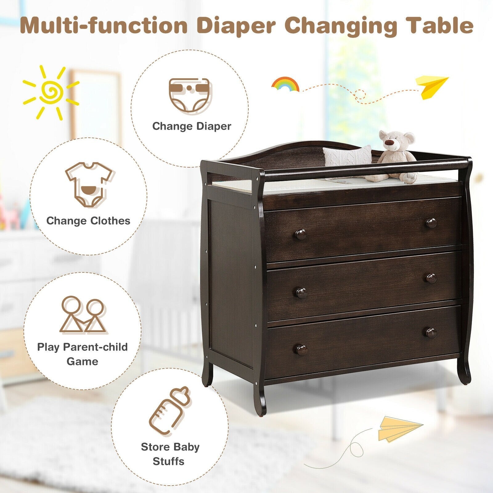 3 Drawer Baby Changing Table w/ Safety Belt childrensterritory