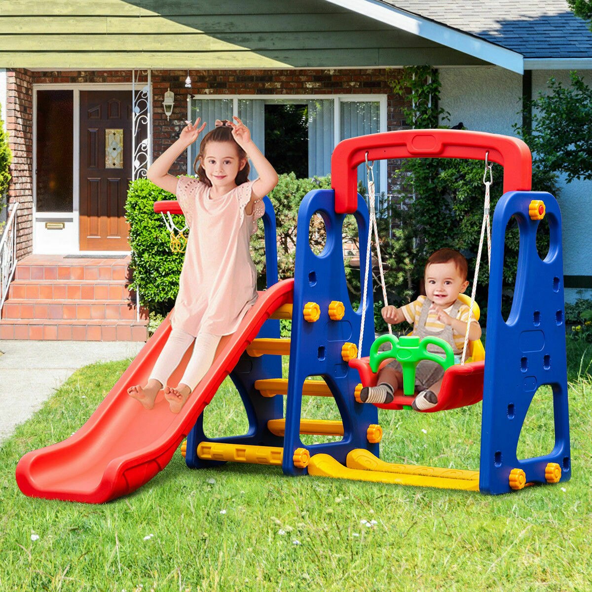 3-in-1 Children Climber Slide/Swing Seat/Basketball Hoop Playset childrensterritory
