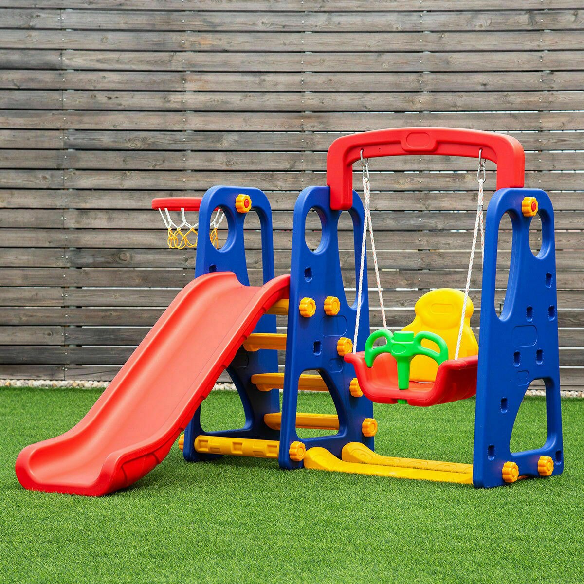 3-in-1 Children Climber Slide/Swing Seat/Basketball Hoop Playset childrensterritory
