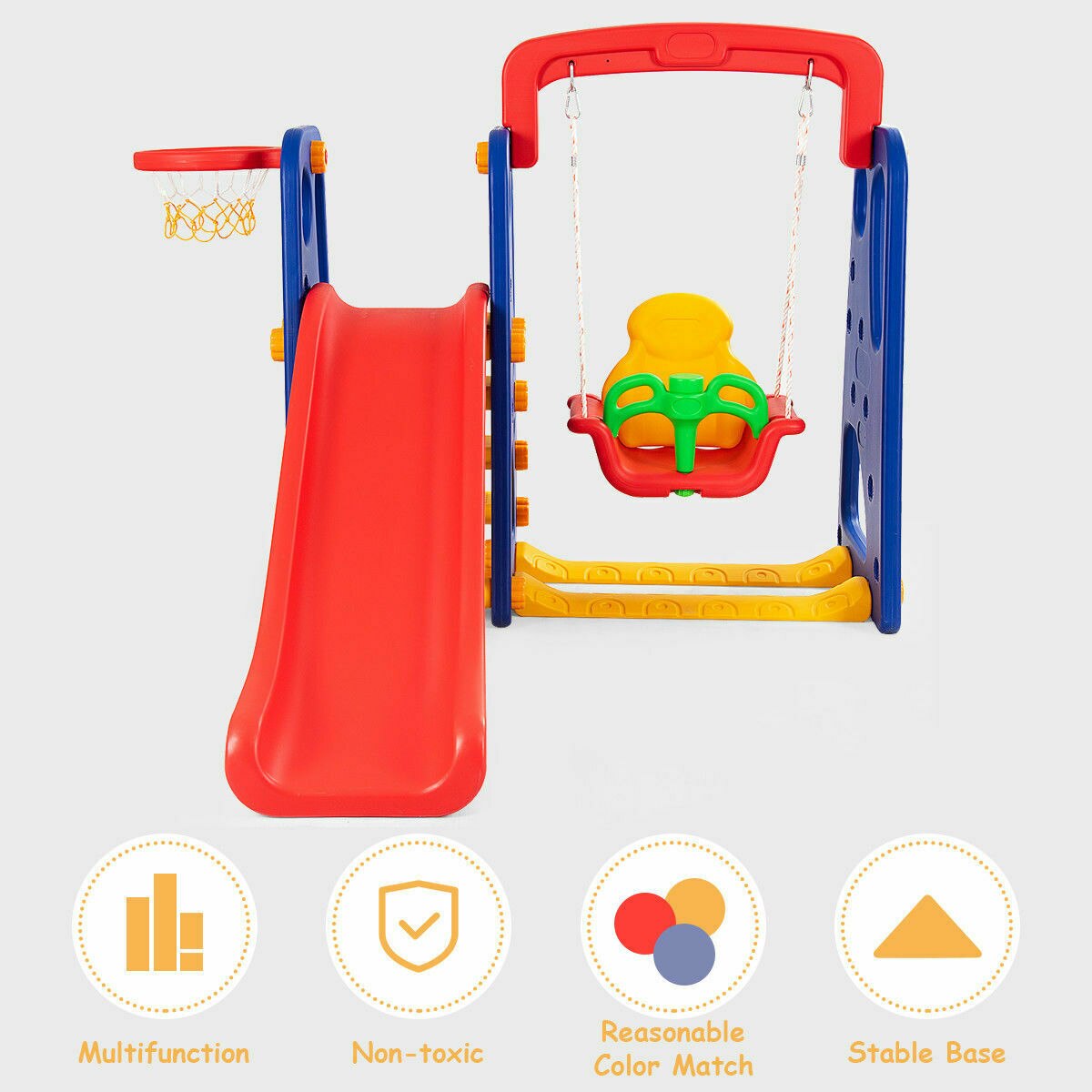 3-in-1 Children Climber Slide/Swing Seat/Basketball Hoop Playset childrensterritory