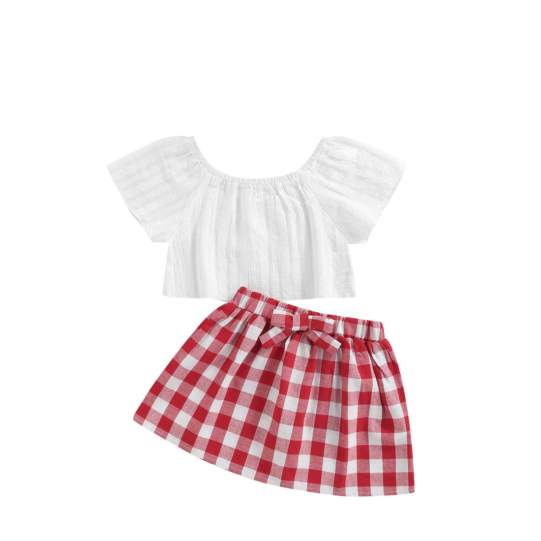 3Pcs Baby Girl Off Shoulder Top+Red Plaid Short+Headband Set childrensterritory