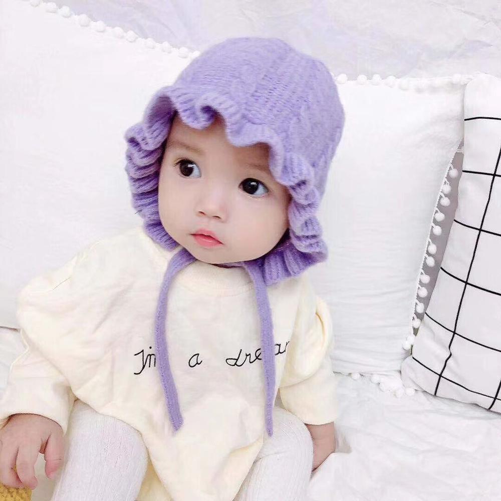 Baby Girls Solid Print Winter Hats With Ruffle Design childrensterritory
