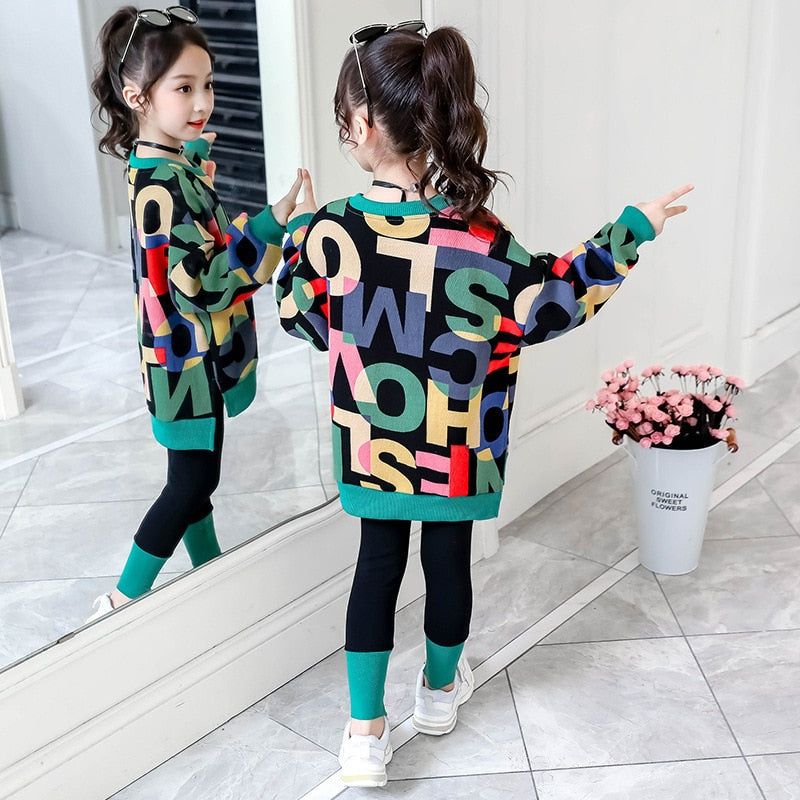 Kids Girls Letter Print Sweater + Leggings Two-Piece Clothing Set childrensterritory