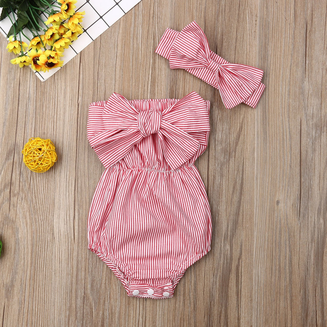 Sleeveless Striped Baby Girl Bodysuits with Headband childrensterritory