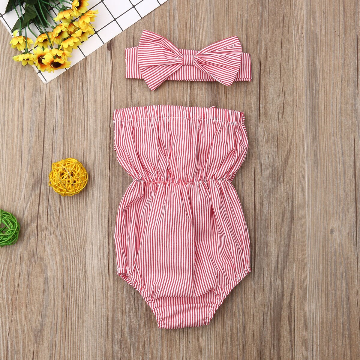 Sleeveless Striped Baby Girl Bodysuits with Headband childrensterritory