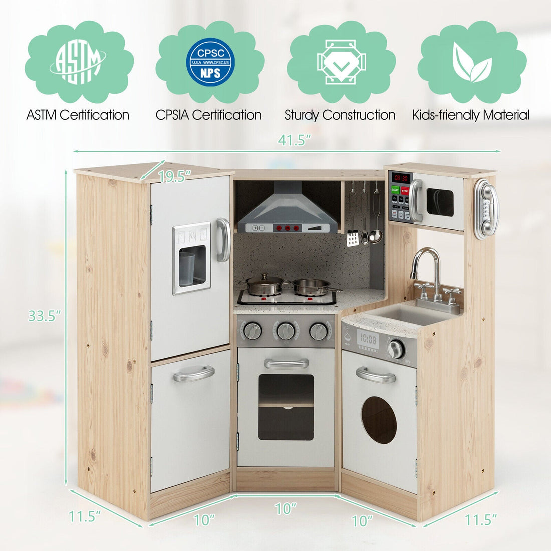 Kids Corner Wooden Kitchen Playset w/ Cookware Accessories childrensterritory