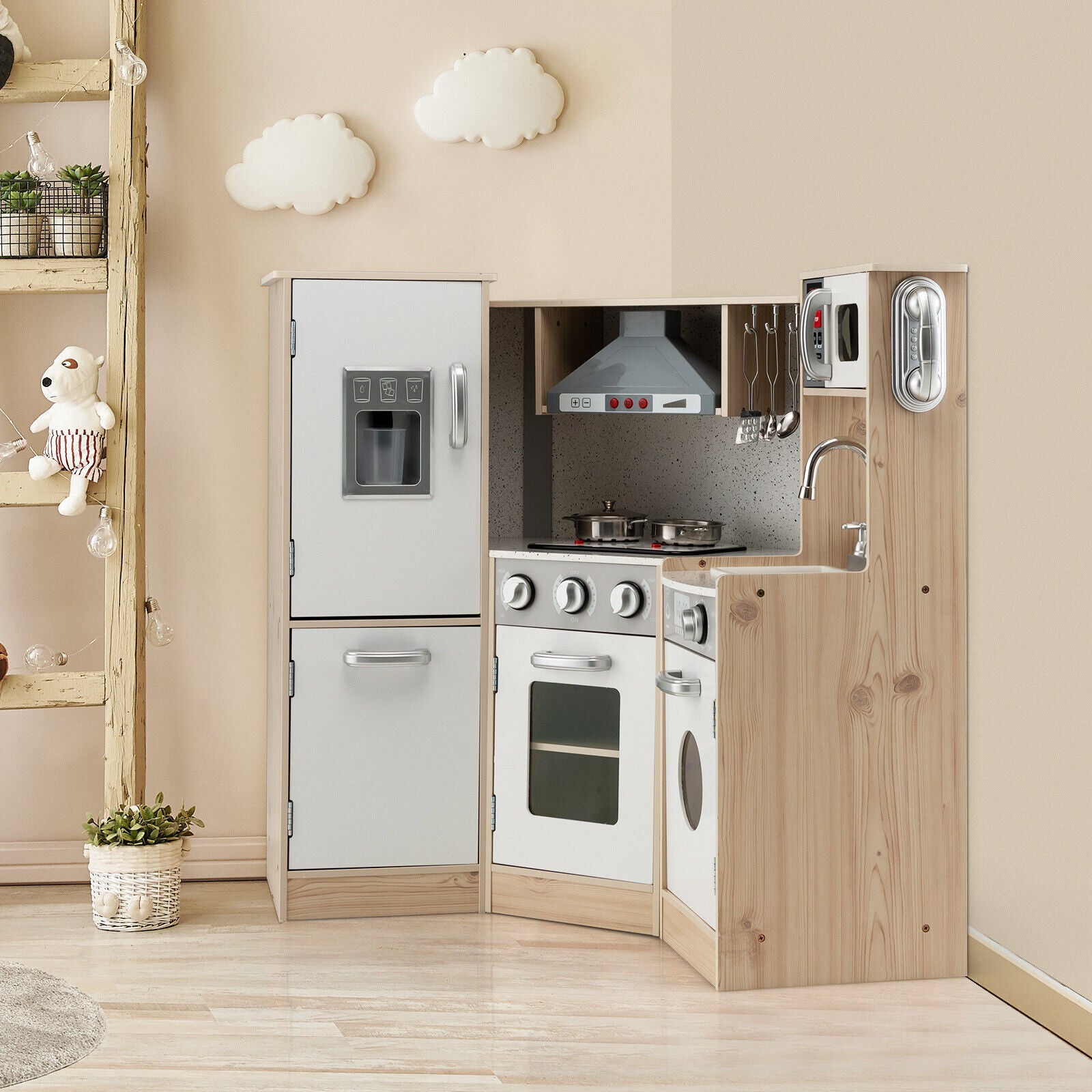 Kids Corner Wooden Kitchen Playset w/ Cookware Accessories childrensterritory