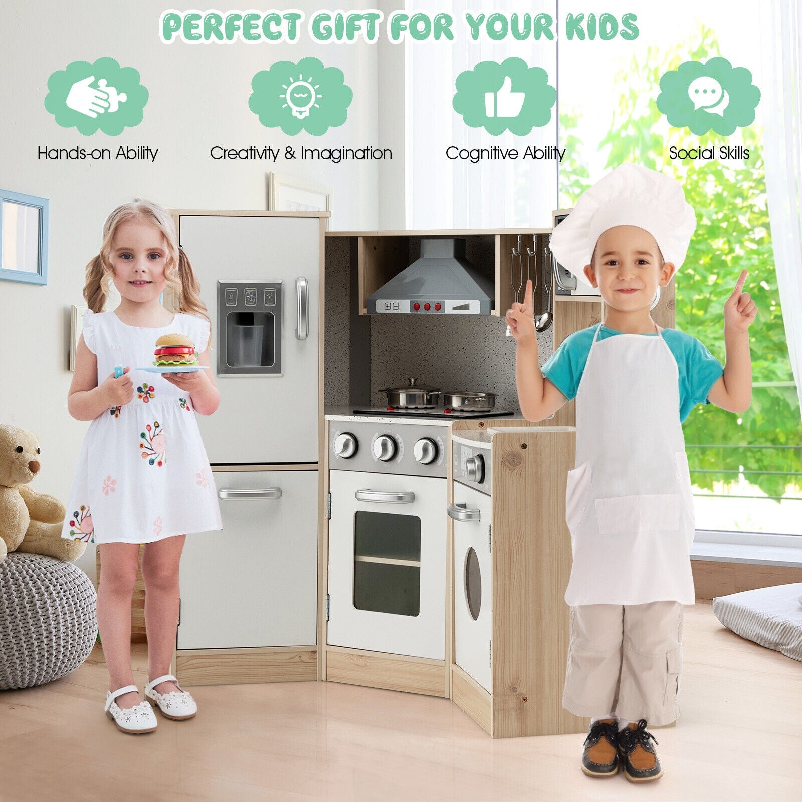 Kids Corner Wooden Kitchen Playset w/ Cookware Accessories childrensterritory