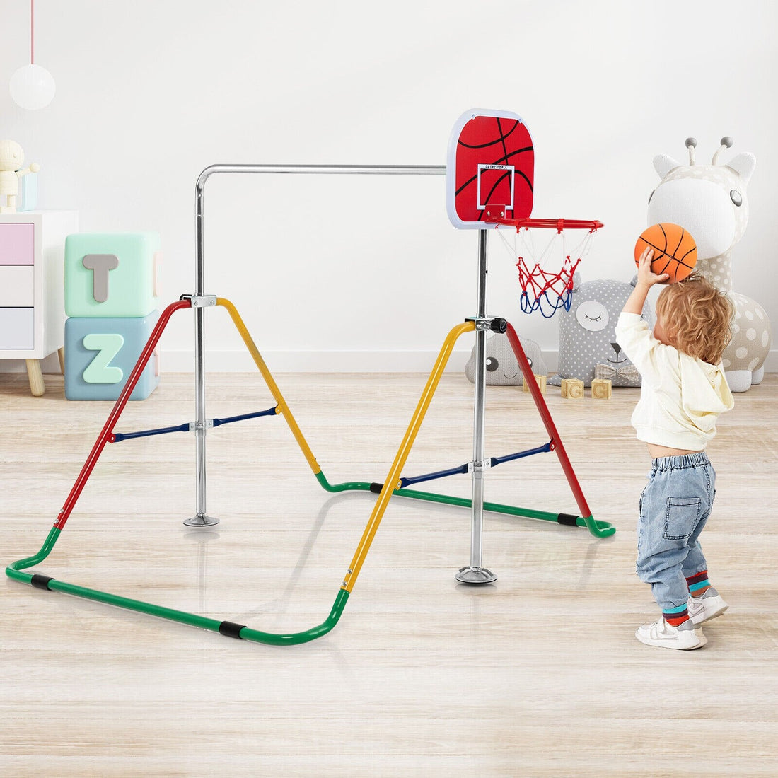 Kids Folding & Adjustable Gymnastics Bar W/Basketball Hoop childrensterritory