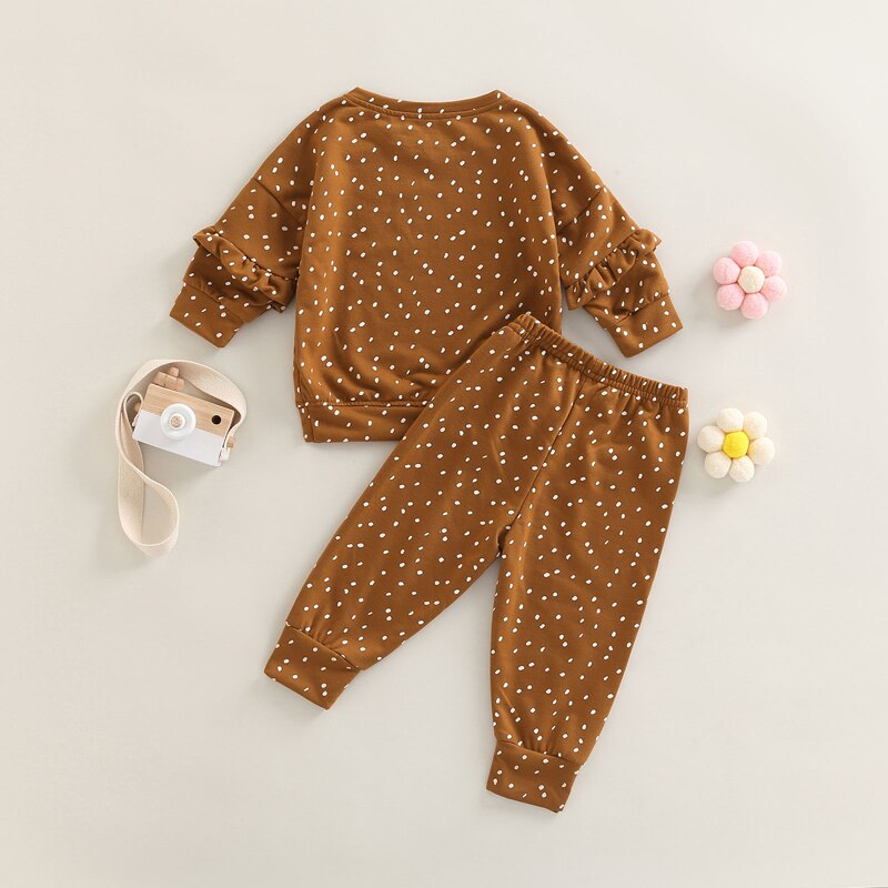 Kids Girls Dot Print Ruffle Tops & Warm Trousers Set childrensterritory
