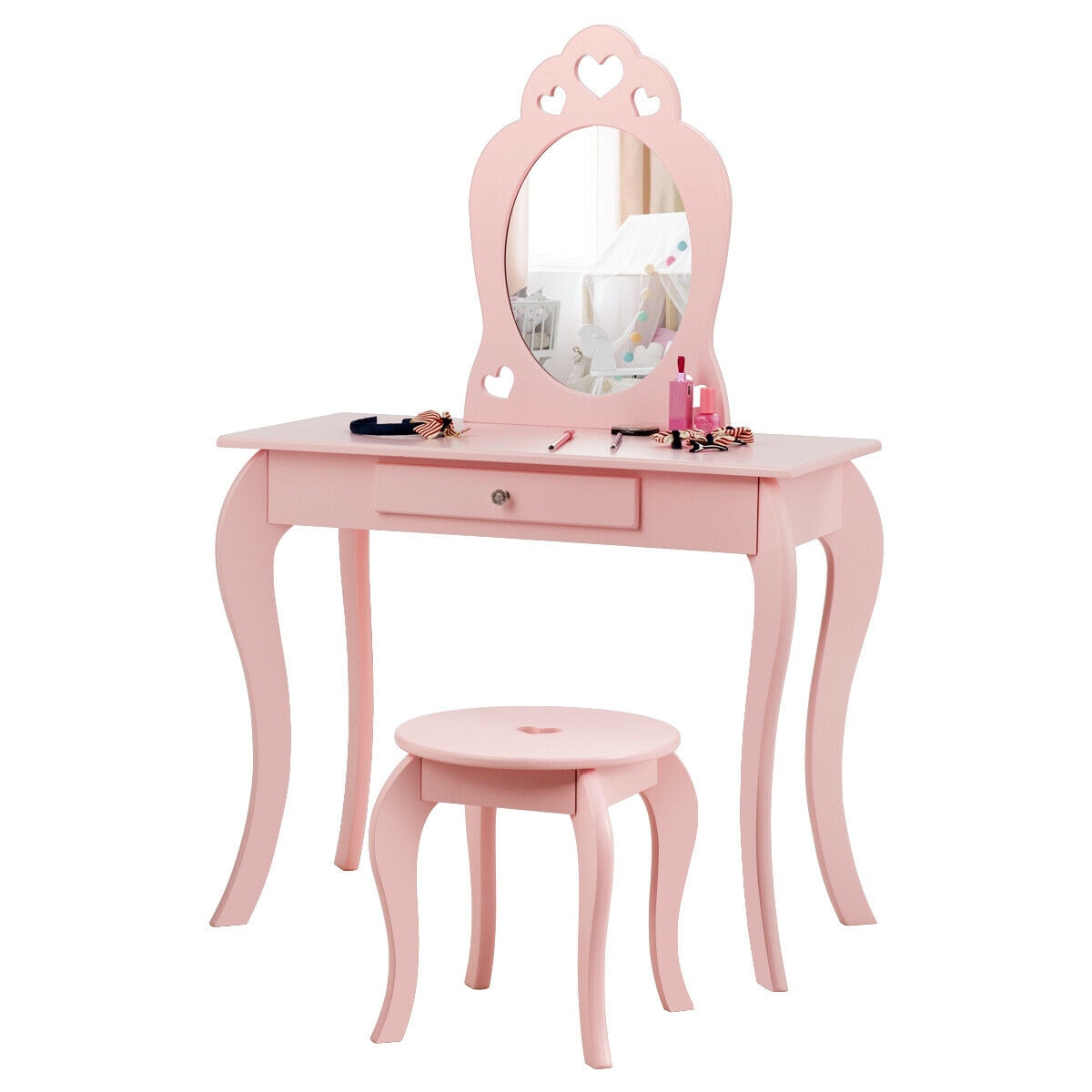 Kids Girls Pink Princess Makeup Dressing Table Set W/Mirror childrensterritory