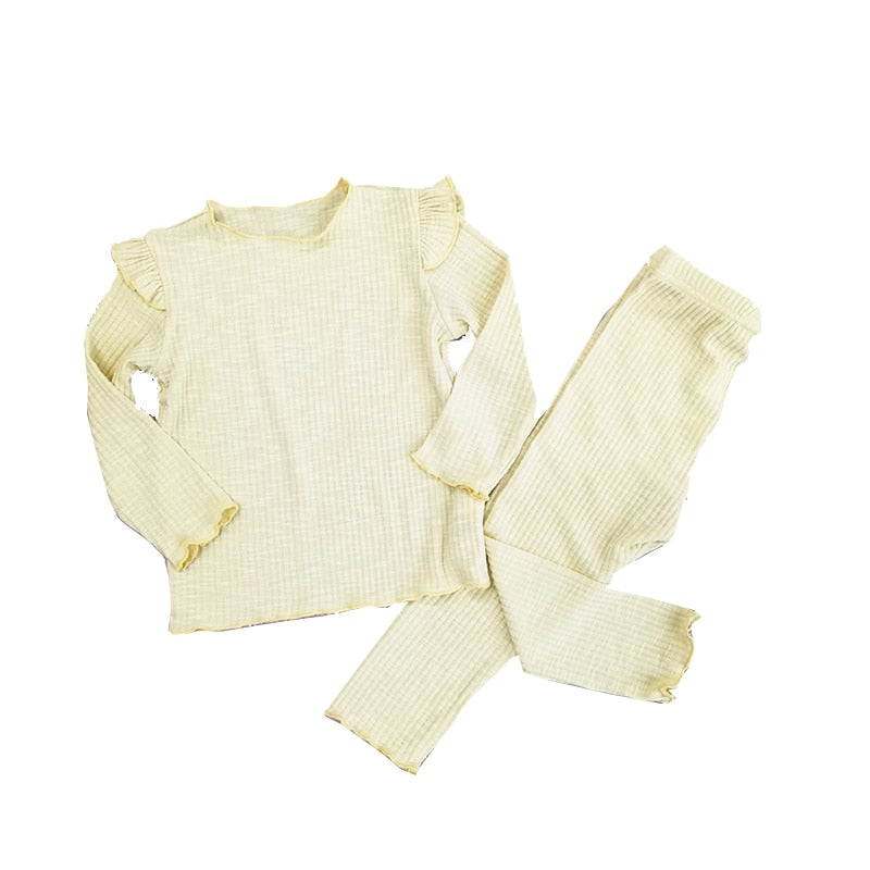 Kids Girls Ruffle Pajamas Sets/Solid Long Sleeve Sleepwear Set childrensterritory