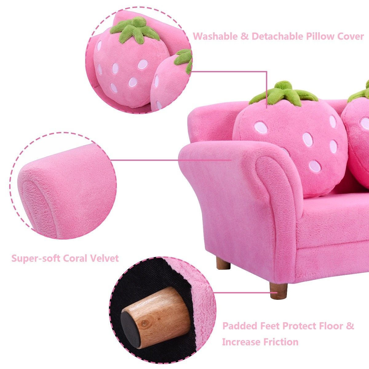 Kids Sofa Strawberry Designed Armrest Lounge Couch w/2 Pillow childrensterritory