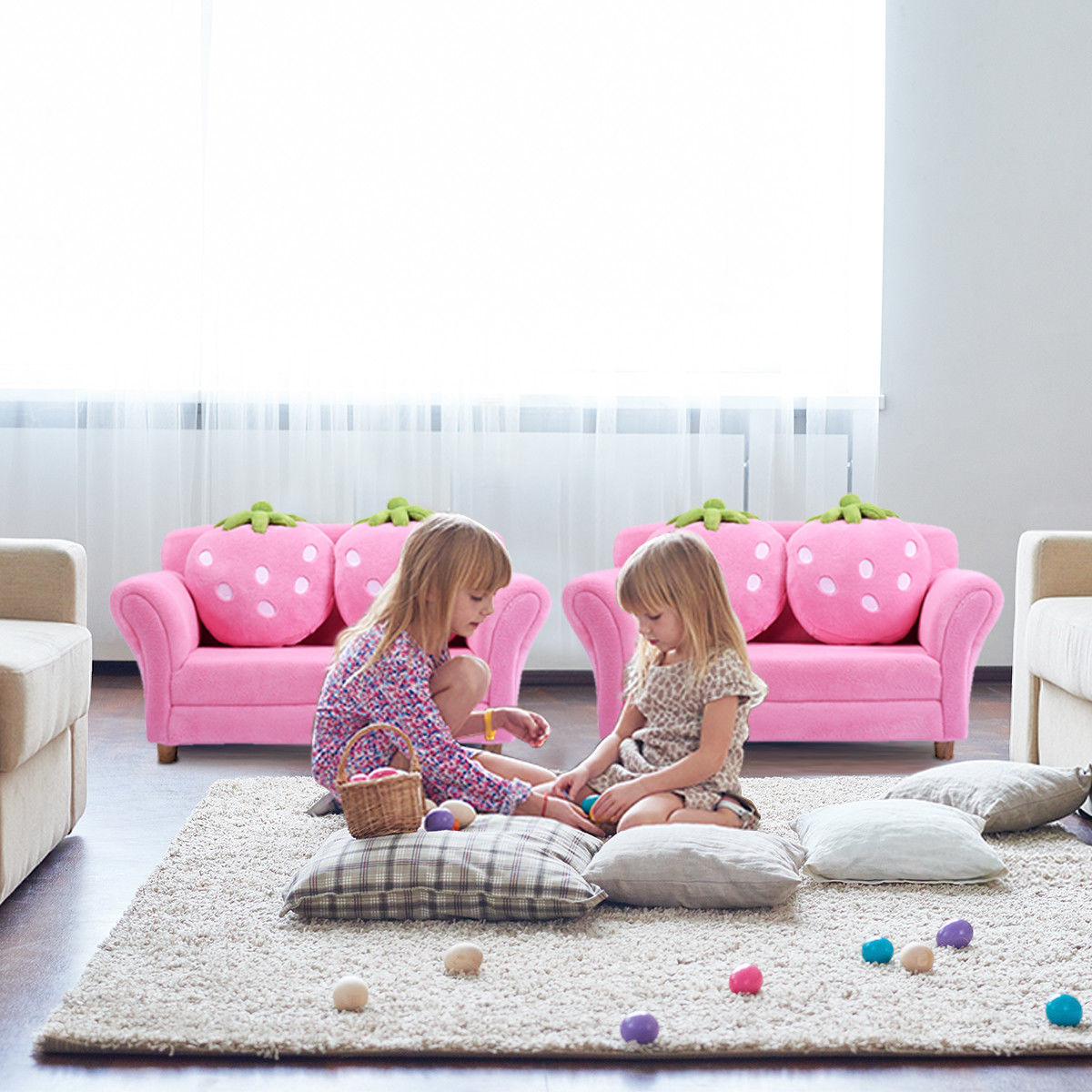 Kids Sofa Strawberry Designed Armrest Lounge Couch w/2 Pillow childrensterritory