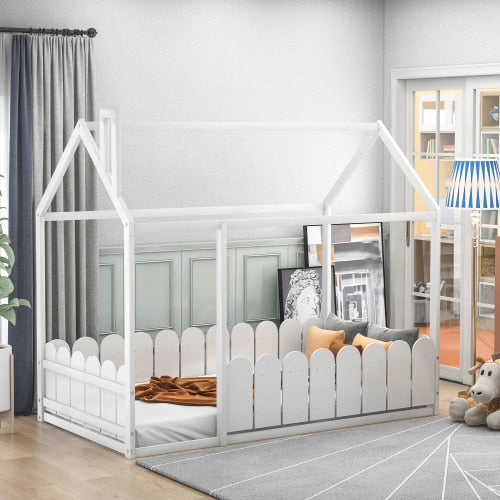 Kids Twin Size Wooden Bed House Frame with Fence childrensterritory