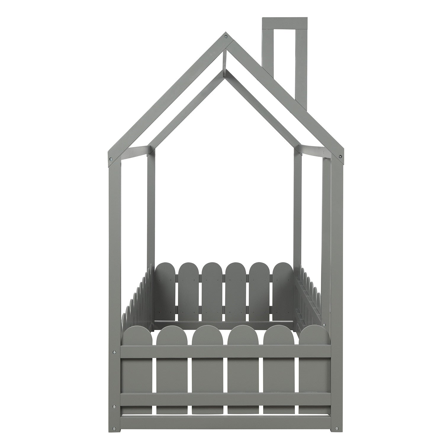 Kids Twin Size Wooden Bed House Frame with Fence childrensterritory