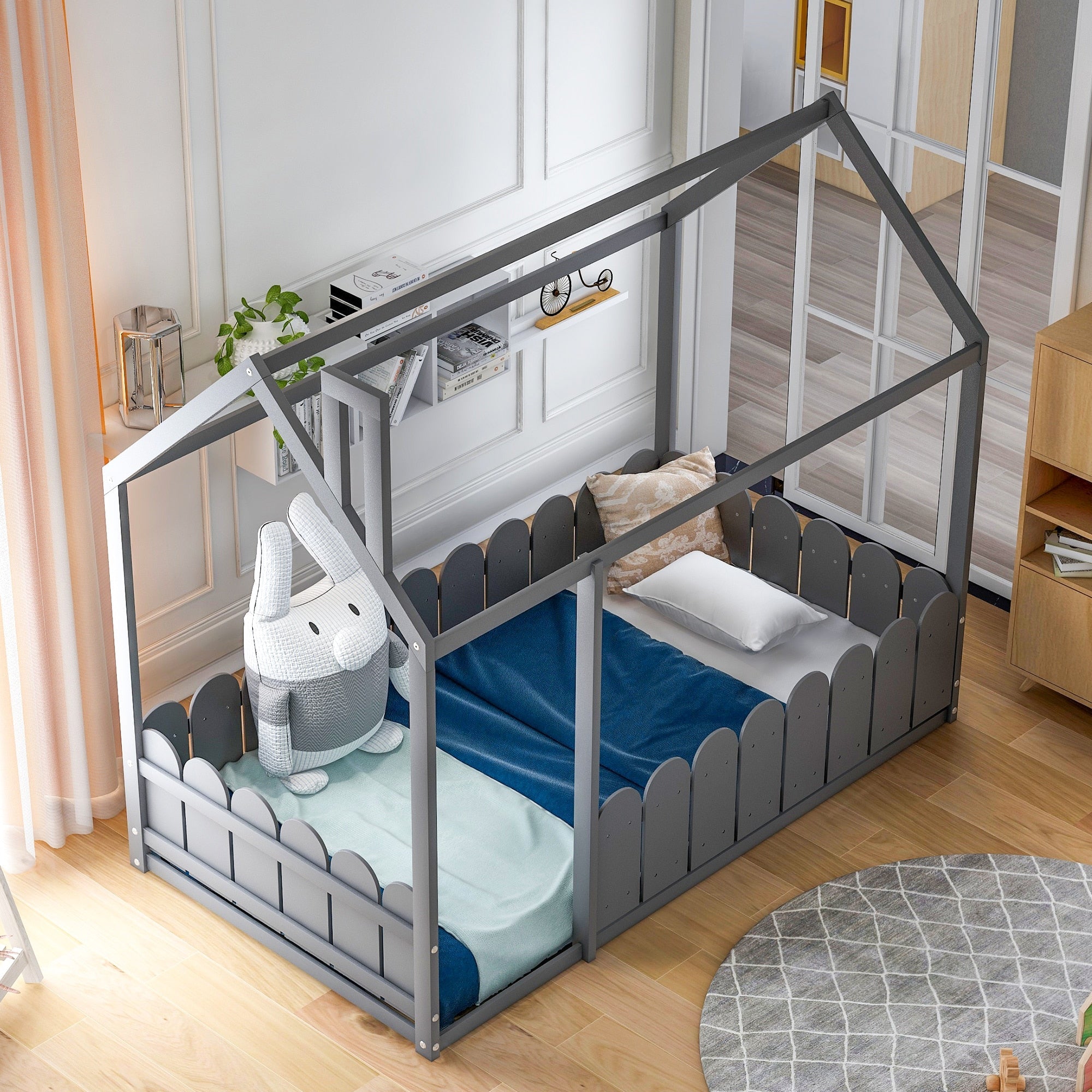 Kids Twin Size Wooden Bed House Frame with Fence childrensterritory