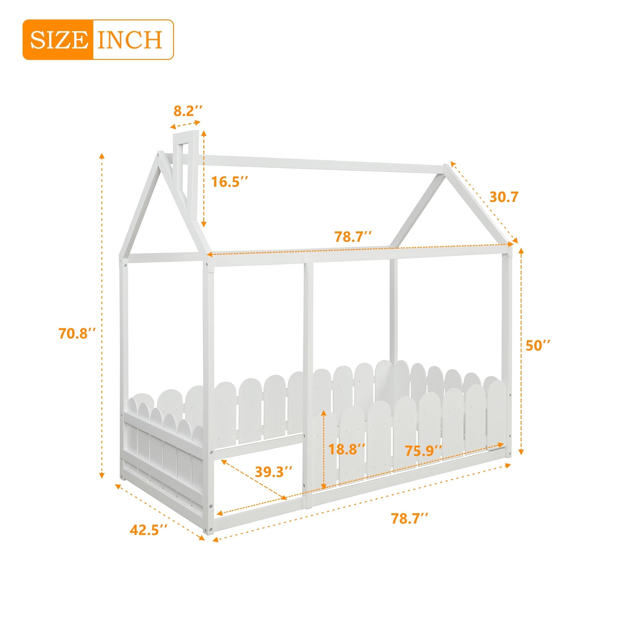 Kids Twin Size Wooden Bed House Frame with Fence childrensterritory