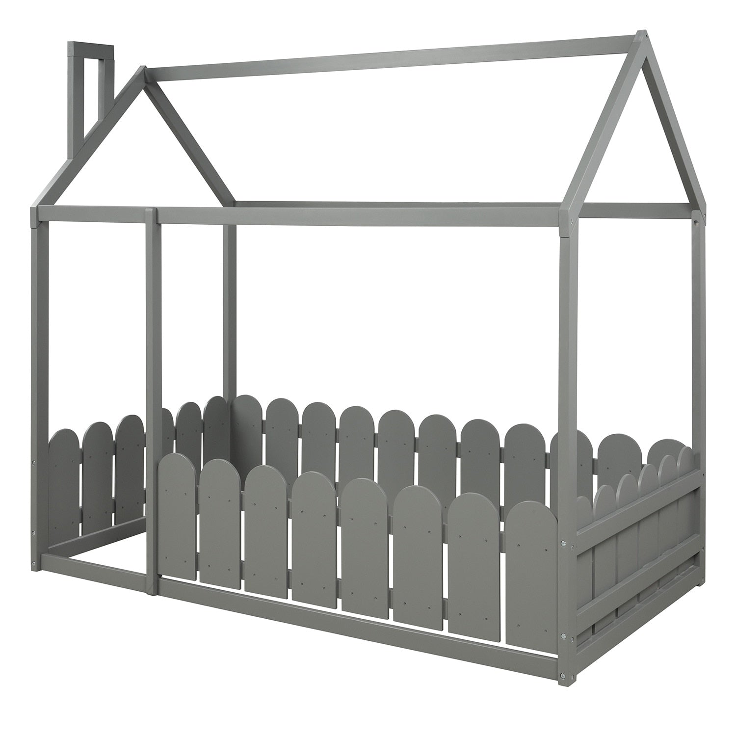 Kids Twin Size Wooden Bed House Frame with Fence childrensterritory