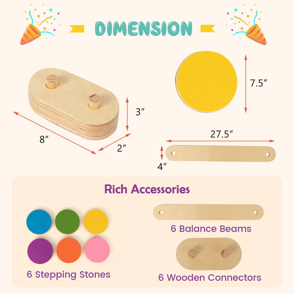Kids Wooden Balance Beam Set with Colorful Stepping Stones childrensterritory