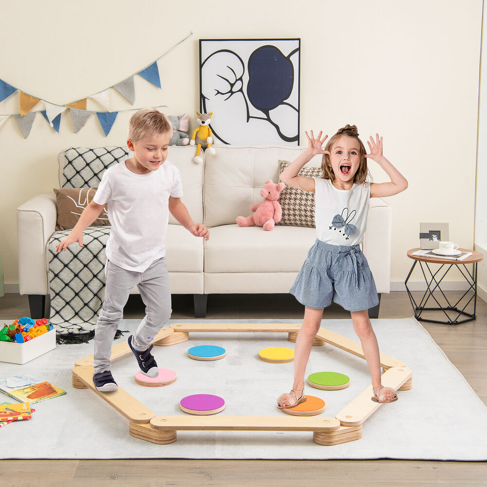 Kids Wooden Balance Beam Set with Colorful Stepping Stones childrensterritory
